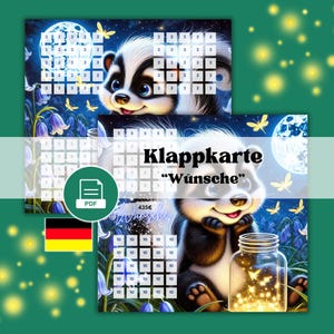 May include: Digital art print featuring a cartoon badger with a jar of glowing lights, butterflies, and a full moon. The image includes the text "Klappkarte Wünsche" and a PDF icon. The color palette includes blues, greens, and yellows.