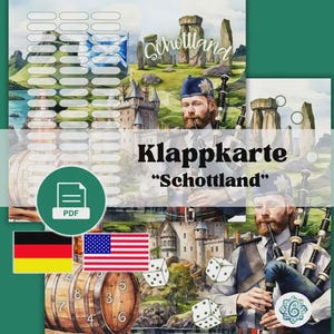 Può includere: Un design per biglietto d'auguri digitale in PDF intitolato Klappkarte Schottland che mostra una persona barbuta in abiti tradizionali che suona la cornamusa, un castello, pietre erette, una botte di legno numerata e dadi, con bandiere tedesca e americana.