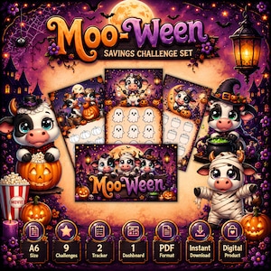 Könnte beinhalten: Ein Moo-Ween Spar-Challenge-Set mit Cartoon-Kühen in Halloween-Kostümen. Das Set enthält Tracker mit Geister-, Kürbis- und Kesselsymbolen, ein Dashboard sowie Textbeschriftungen für A6-Größe, 9 Challenges, 2 Tracker, 1 Dashboard, PDF-Format, Sofort-Download und digitales Produkt.