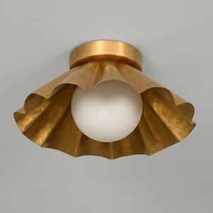 Handmade Fluted Brass Flush Mount Light | Mid Century Modern Globe Ceiling Fixture