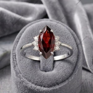 Lab Marquise Red Ruby Engagement Ring 925 Sterling Silver Vintage Art Deco Accent Ring Unique July Birthstone Ring Promise Gift for Her