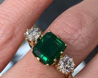 Lab Emerald Cut Verlobungsring, Dreisteinring Klassischer 925 Sterling Silber,