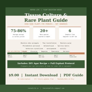 May include: A green and white PDF guide titled "Tissue Culture & Rare Plant Guide." It includes information on growing rare plants, average savings, and the number of rare species covered. The guide also includes a DIY Agar recipe.