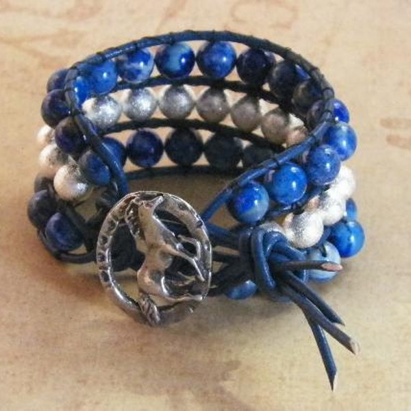 Cowgirls Horse & Denim Cuff Bracelet..Blue Jeans Accessory..Country Boho..Natural Stone Beads