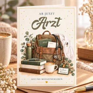 Könnte beinhalten: Eine Grußkarte mit dem Text AB JETZT Arzt und AUF INS MEDIZINERLEBEN. Die Illustration zeigt einen braunen Rucksack, einen weißen Arztkittel, ein Stethoskop, einen Bücherstapel, eine Trinkflasche, eine Kaffeetasse und ein Namensschild für Lukas Werner.