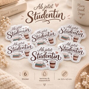 Könnte beinhalten: Sechs gestanzte Aufkleber mit dem braunen Schriftzug Ab jetzt Studentin, einem Bücherstapel und einem Kaffeebecher. Jeder Aufkleber misst ca. 5,8 x 4,5 cm. Das Design enthält kleine dekorative Herzen und Sterne auf weißem Hintergrund.