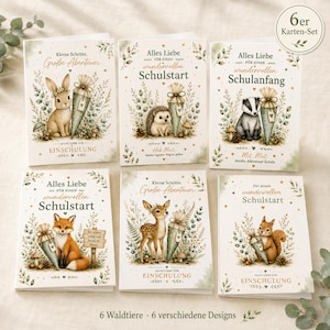 Op de afbeelding: Een set van zes wenskaarten met illustraties van bosdieren zoals een konijn, egel, das, vos, hert en eekhoorn. Elke kaart toont een schoolkegel, botanische elementen en Duitse tekst die de start van de school viert, inclusief 6er Karten-Set.