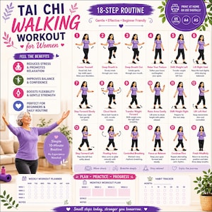 May include: A Tai Chi walking workout chart featuring 18 numbered steps with illustrations of a person in a purple shirt and black pants. The poster includes sections for benefits, a weekly planner, a monthly plan, and a habit tracker.