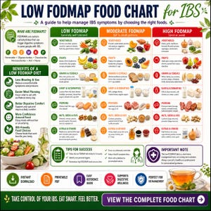 May include: A Low FODMAP food chart for IBS featuring three color-coded columns for low, moderate, and high FODMAP foods. The chart includes illustrations of vegetables, fruits, grains, dairy, proteins, and nuts, along with text explaining FODMAPs, diet benefits, and success tips.