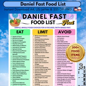 May include: A digital Daniel Fast food list chart featuring three columns labeled Eat, Limit, and Avoid with lists of food items. The chart includes a gold seal stating 200+ Food Items and a ruler showing 3 cm. The text reads Daniel Fast Food List.