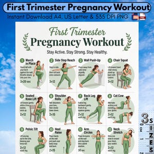May include: A First Trimester Pregnancy Workout chart featuring twelve illustrated exercises with instructions. The document includes text headers, numbered steps, and a vertical ruler on the right side showing 3 centimeters. The background is white with green accents.