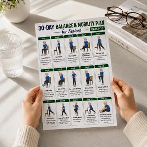 Puede incluir: Una hoja de ejercicios en papel blanco titulada 30-Day Balance & Mobility Plan for Seniors Days 1-15, que presenta quince paneles ilustrados con instrucciones para movimientos como marchas sentadas, elevaciones de talón y elevaciones de piernas.