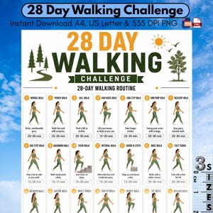 Può includere: Una tabella per la sfida di camminata di 28 giorni che presenta una routine con illustrazioni numerate di una persona che esegue vari esercizi di camminata, incluse descrizioni testuali e durate per ogni attività in formato griglia.