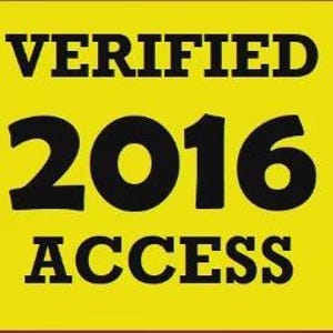 Puede incluir: Un gráfico cuadrado amarillo con las palabras "VERIFIED" encima del número "2016" y la palabra "ACCESS" debajo. El texto está en negro y en negrita.