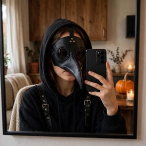Peut inclure: Un masque de médecin de peste noir doté d'un long bec pointu, de lentilles oculaires circulaires et de rivets argentés. Le masque est porté avec un sweat à capuche noir et des lanières en similicuir noir avec des boucles métalliques aux épaules.