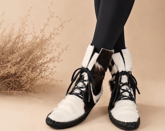 Cowhide Western Moccasin Boots For Women – Handmade Hair On Hide Leather Boots, Native Style Lace Up Ankle Moccasins