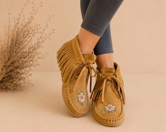 Mocassinlaarzen met franjes, bloemen suède, western cowgirl handgemaakt schoeisel met kralen