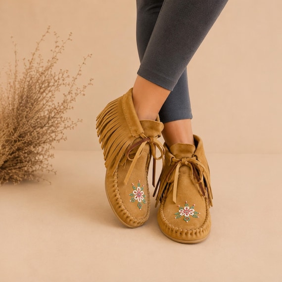Fringe Moccasin Boots Women Beaded Floral Suede Western Cowgirl Handmade Footwear