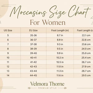 May include: A beige Moccasing Size Chart for Women by Velmora Thorne. The table lists US sizes 5 through 14, corresponding EU sizes 35-36 through 44-45, and foot lengths in both inches from 8.7 in to 11.6 in and centimeters from 22.1 cm to 29.5 cm.