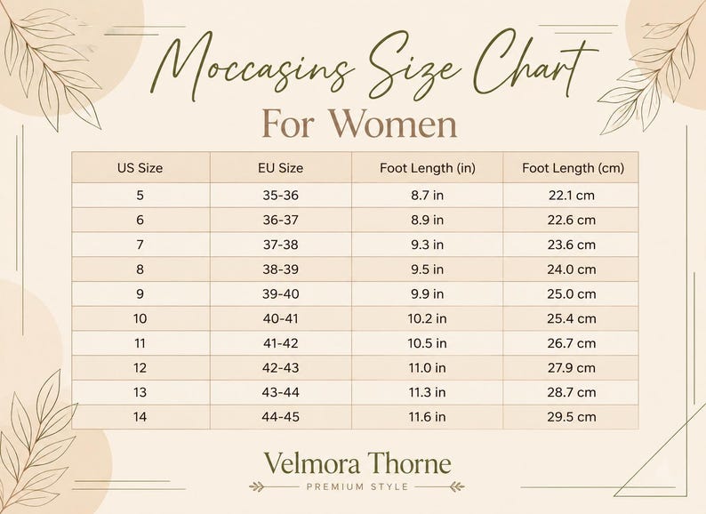 May include: A beige Moccasing Size Chart for Women by Velmora Thorne. The table lists US sizes 5 through 14, corresponding EU sizes 35-36 through 44-45, and foot lengths in both inches from 8.7 in to 11.6 in and centimeters from 22.1 cm to 29.5 cm.