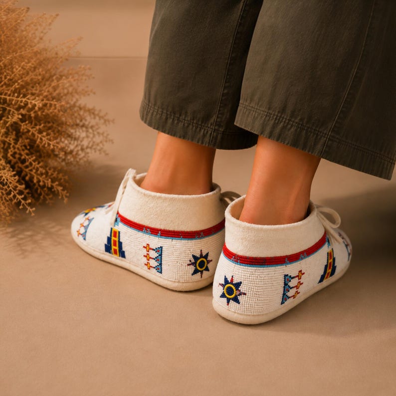 Handmade Beaded Moccasins Women | White Leather Moccasin Boots | Native Inspired Seed Bead Shoes | Boho Artisan Footwear image 2