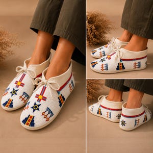 May include: Off-white ankle boots featuring a beaded exterior with geometric patterns in blue, red, and yellow. The boots have a lace-up front closure with matching off-white laces and a rounded toe design, providing a secure fit around the ankle.