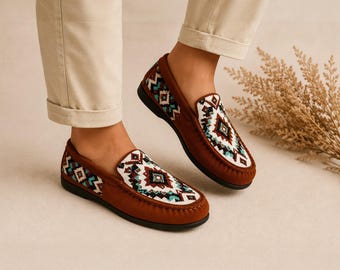 Beaded Moccasin Loafers, Handmade Brown Suede Slip On Shoes, Tribal Seed Bead Flats, Artisan Gift For Her