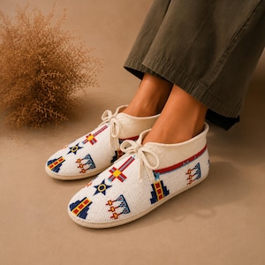 Handmade Beaded Moccasins Women | White Leather Moccasin Boots | Native Inspired Seed Bead Shoes | Boho Artisan Footwear image 1