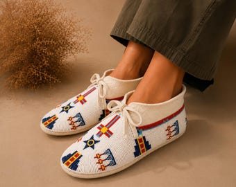 Handmade Beaded Moccasins Women | White Leather Moccasin Boots | Native Inspired Seed Bead Shoes | Boho Artisan Footwear