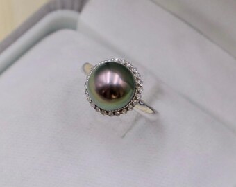 Haloring med svart tahitipärla, klusterring i moissanit i 925 sterlingsilver, påfågelgrön pärla i statement-stil, unik förlovningsring