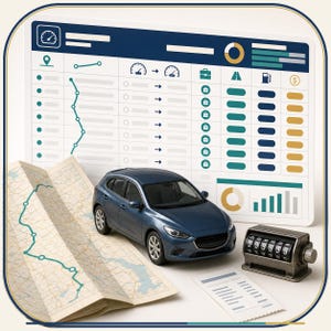 May include: A dark blue model car sits in front of a digital dashboard graphic featuring charts, a map with a plotted route, a mechanical counter displaying the number 199999, and a small white paper document on a plain surface.