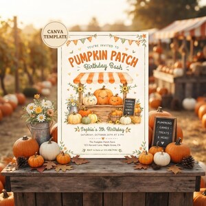 May include: A rectangular invitation card for a Pumpkin Patch Birthday Bash featuring a watercolor illustration of a pumpkin stand, orange and white bunting, and text details including the name Sophia, date, and location.