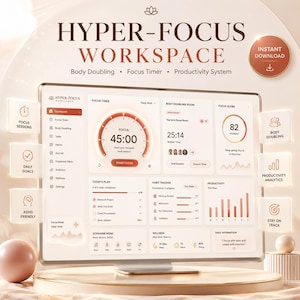 May include: A digital dashboard interface titled Hyper-Focus Workspace displayed on a monitor. The screen features a focus timer, body doubling room, task list, habit tracker, and productivity charts in a warm, neutral color palette with icons.