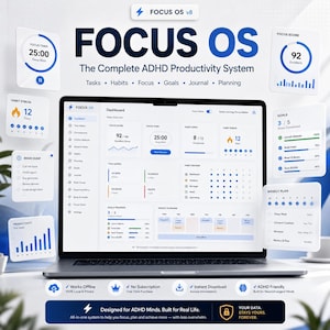 Op de afbeelding: Een laptop met het FOCUS OS v8 productiviteitssysteem dashboard in blauwe en witte interface-elementen. Zwevende kaarten tonen een focustimer, gewoonte-tracker, doelen en productiviteitsgrafieken. Tekst bevat "The Complete ADHD Productivity System".