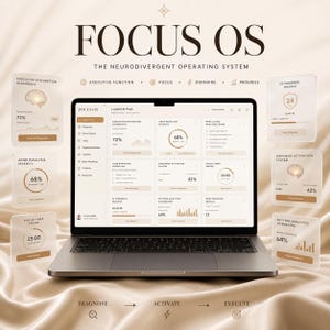May include: A laptop displaying the Focus OS interface, titled The Neurodivergent Operating System. The screen shows dashboards for executive function, focus, and dopamine. Floating translucent panels display diagnostic data, progress trackers, and timers.