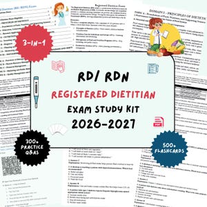 Op de afbeelding: Een studiepakket voor het geregistreerd diëtistenexamen 2026-2027 met gedrukte studiegidsen, 300+ oefenvragen en antwoorden, en 500+ flashcards. De set bevat een QR-code, een thermometer-icoon en illustraties van een diëtist.