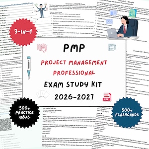 Può includere: Un kit di studio per l'esame PMP Project Management Professional 2026-2027 con testo, un'etichetta 3-in-1, 500+ domande e risposte e 500+ flashcard. Il documento include illustrazioni di una persona al computer, icone e contenuti d'esame.