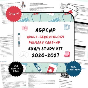 Puede incluir: Un kit de estudio para el examen AGPCNP Adult-Gerontology Primary Care Nurse Practitioner. El kit incluye 450 preguntas de práctica, más de 500 tarjetas didácticas y una guía de estudio 3 en 1. El texto dice "Exam Study Kit 2026-2027".