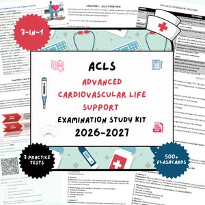 Puede incluir: Un kit de estudio para el examen ACLS Advanced Cardiovascular Life Support 2026-2027 con contenido 3 en 1, más de 500 tarjetas didácticas y 3 exámenes de práctica. Incluye iconos médicos, una cofia de enfermera y directrices ACLS.
