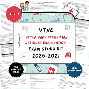 May include: A study kit for the VTNE Veterinary Technician National Examination 2026-2027. The kit includes 450 practice Q&As, over 500 flashcards, and a 3-in-1 study guide. The design features medical icons and text.