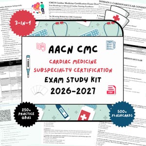 May include: A study kit for the AACN CMC Cardiac Medicine Subspecialty Certification exam. The kit includes 250+ practice questions, 500+ flashcards, and a 3-in-1 study guide. The exam study kit is for 2026-2027.
