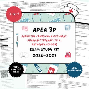 以下が含まれることがあります： APEA 3Pの試験対策キット。身体評価、薬物療法、病態生理学が含まれています。「APEA 3P EXAM STUDY KIT 2026-2027」のテキストと、練習問題、フラッシュカード、PDFのアイコンが表示されています。
