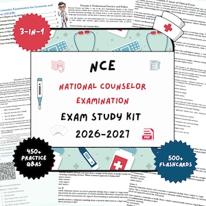以下が含まれることがあります： NCE National Counselor Examination 2026-2027の学習キット。3-in-1ラベル、450以上の練習問題、500以上のフラッシュカードが含まれています。水色の背景に体温計、ナースキャップ、薬瓶などの医療アイコンがデザインされています。