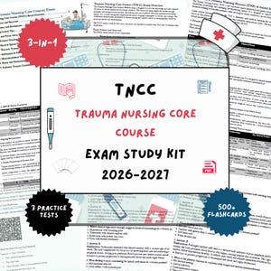 Puede incluir: Un kit de estudio para el examen TNCC Trauma Nursing Core Course 2026-2027 con una etiqueta 3-en-1, un icono de gorro de enfermería, un termómetro, un icono de prueba y un icono de PDF. Incluye 3 exámenes de práctica y 500+ tarjetas de estudio.