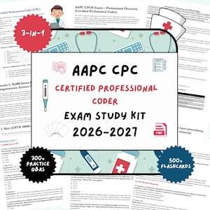 Op de afbeelding: AAPC CPC Certified Professional Coder Exam Study Kit 2026-2027. De studiekit bevat oefenvragen, flashcards en een 3-in-1 overzicht. De kit bevat een thermometer, een testpictogram en een PDF-pictogram.