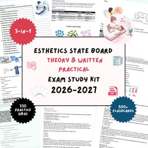 Peut inclure: Un kit d'étude pour l'examen théorique et pratique d'esthétique 2026-2027 comprenant 330 questions et réponses, plus de 500 cartes mémoire et des documents PDF. Il contient des illustrations de soins, des tableaux de microbiologie et des tests.
