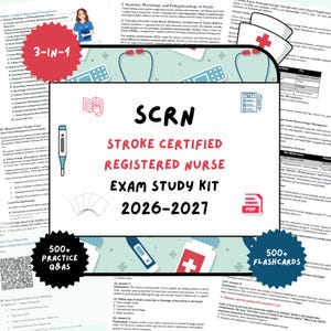 May include: A study kit for the Stroke Certified Registered Nurse exam 2026-2027, featuring a 3-in-1 design with 500+ practice questions and 500+ flashcards. The document includes medical icons like a thermometer, stethoscope, and nurse illustration.
