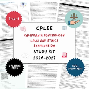 Peut inclure: Un kit d'étude pour l'examen de psychologie, lois et éthique de Californie 2026-2027, comprenant un design 3-en-1, 3 tests pratiques et 500+ cartes mémoire. Le document contient du texte et des icônes de balance, livre, test et PDF.