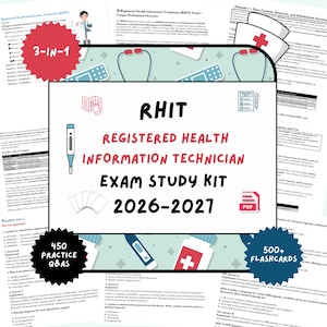 May include: A study kit for the Registered Health Information Technician (RHIT) exam, including practice questions, flashcards, and study materials. The kit features the text "RHIT REGISTERED HEALTH INFORMATION TECHNICIAN EXAM STUDY KIT 2026-2027" and icons.