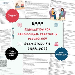 Könnte beinhalten: Ein EPPP Examination for Professional Practice in Psychology Lernset für 2026-2027. Das Set enthält über 750 Übungsfragen und Antworten, über 500 Lernkarten, ein 3-in-1-Etikett sowie verschiedene Lerndokumente mit Text und Illustrationen.